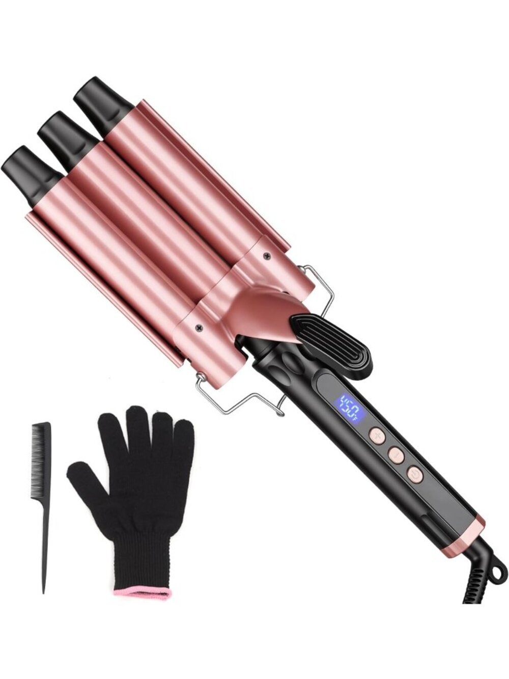 Triple Barrel Curling Iron - 1 Inch Hair Waver Tool for Beach Waves, LCD
